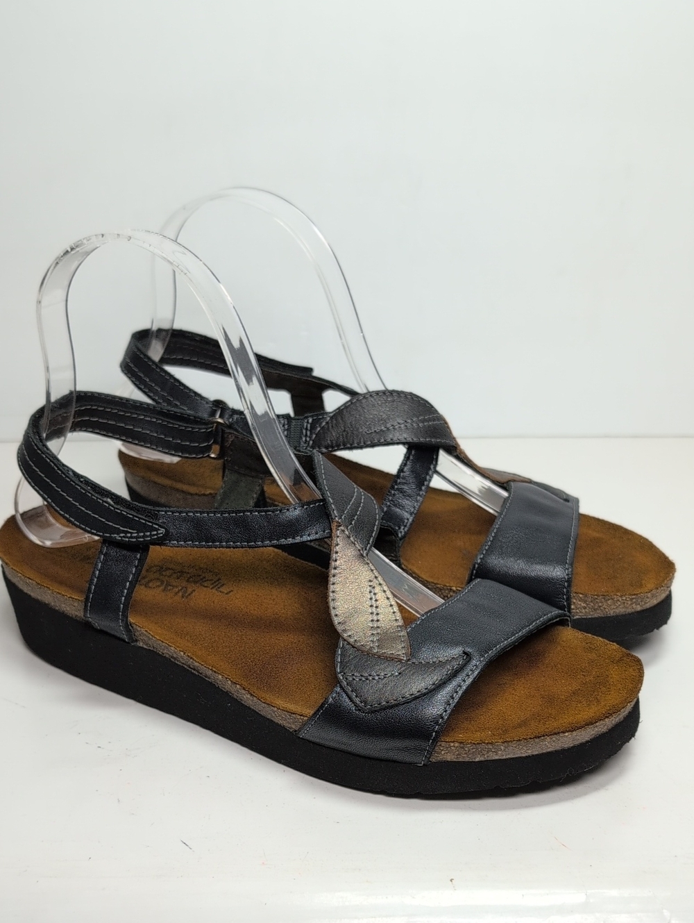 Naot caroline pewter & black wedge sandals womans size 9 EU 40